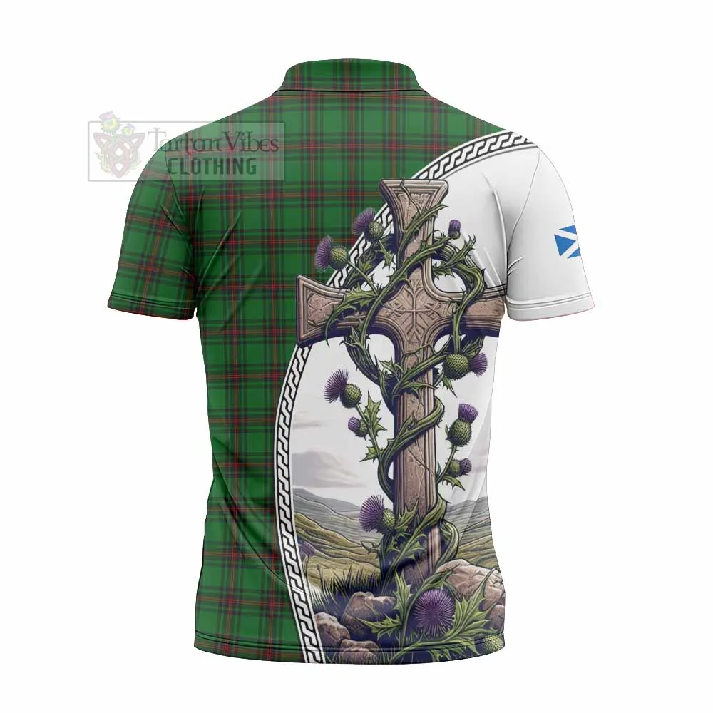 Anstruther Tartan Zipper Polo Shirt with Family Crest and St. Andrew's Cross Accented by Thistle Vines