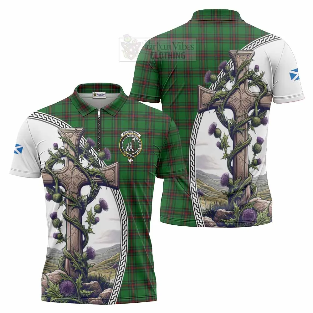 Anstruther Tartan Zipper Polo Shirt with Family Crest and St. Andrew's Cross Accented by Thistle Vines