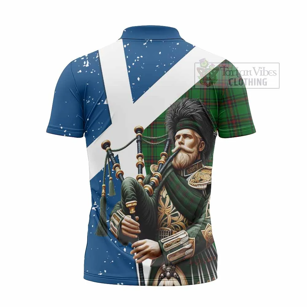 Anstruther Tartan Zipper Polo Shirt with Family Crest Scottish Bagpiper Vibes