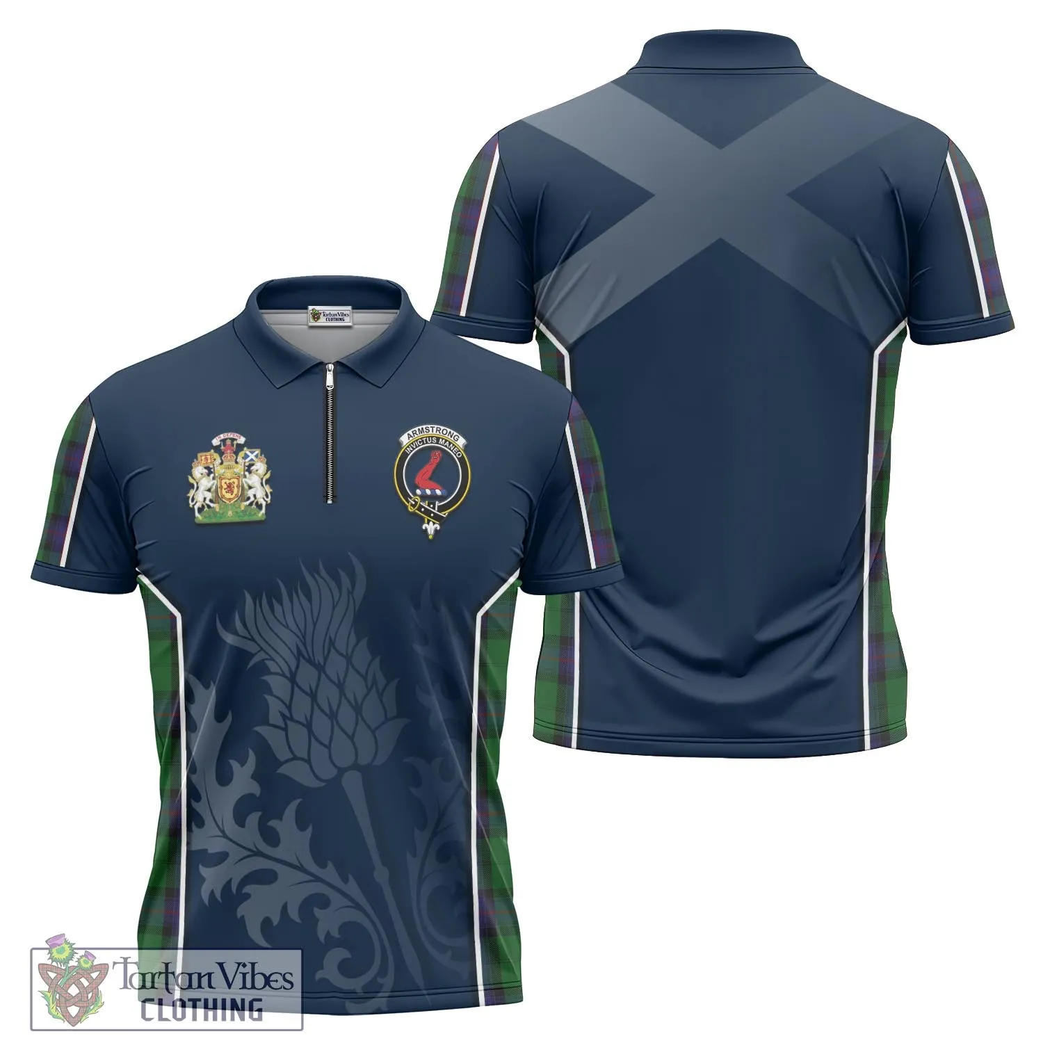 Armstrong Tartan Zipper Polo Shirt with Family Crest and Scottish Thistle Vibes Sport Style