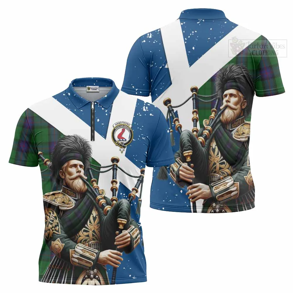 Armstrong Tartan Zipper Polo Shirt with Family Crest Scottish Bagpiper Vibes