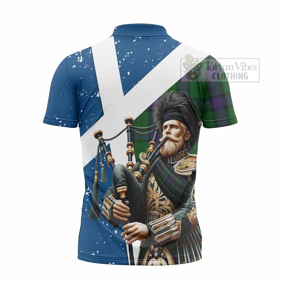 Armstrong Tartan Zipper Polo Shirt with Family Crest Scottish Bagpiper Vibes