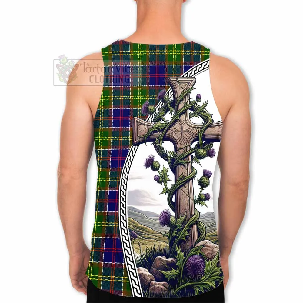 Arnott Tartan Men's Tank Top with Family Crest and St. Andrew's Cross Accented by Thistle Vines