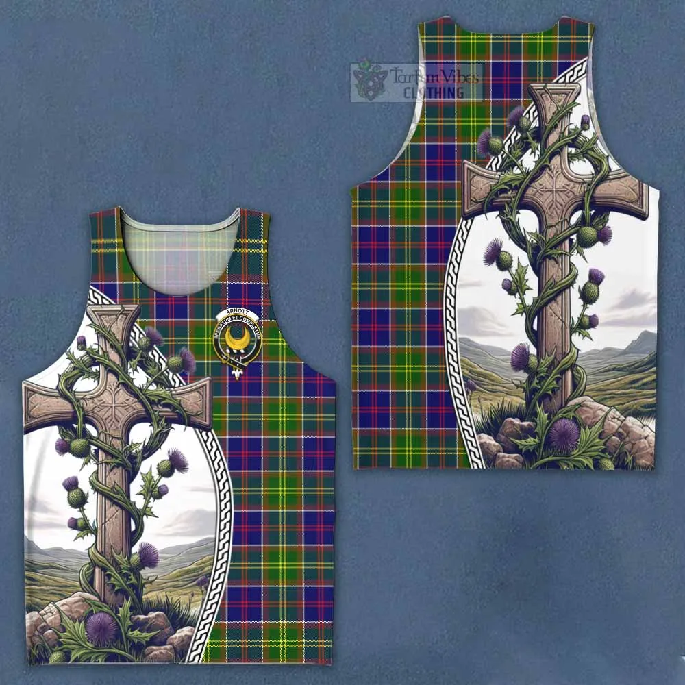 Arnott Tartan Men's Tank Top with Family Crest and St. Andrew's Cross Accented by Thistle Vines