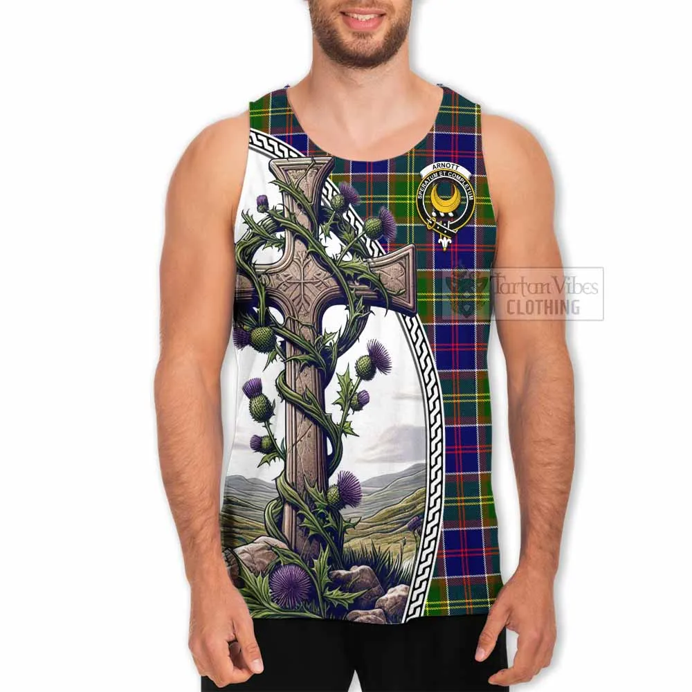 Arnott Tartan Men's Tank Top with Family Crest and St. Andrew's Cross Accented by Thistle Vines