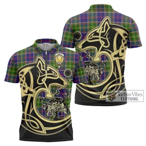 Arnott Tartan Zipper Polo Shirt with Family Crest Celtic Wolf Style