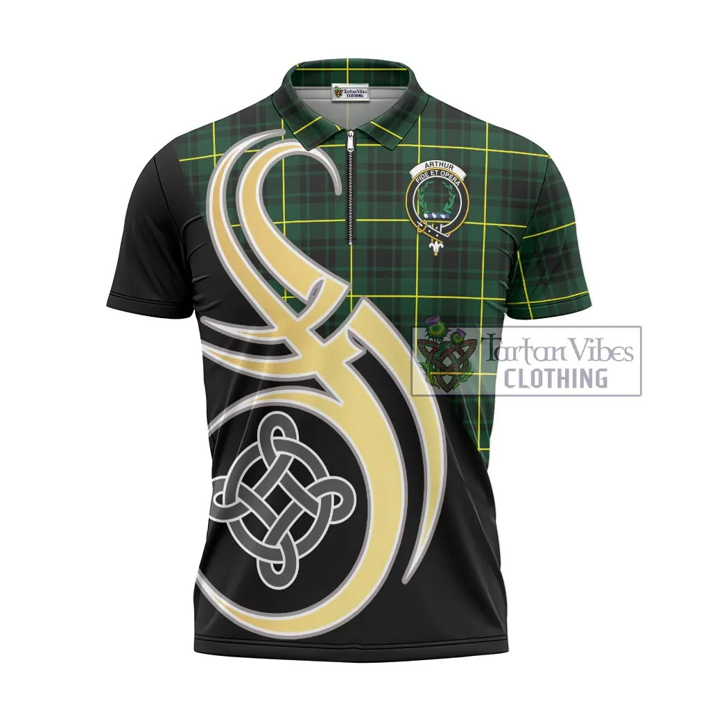 Arthur Modern Tartan Zipper Polo Shirt with Family Crest and Celtic Symbol Style