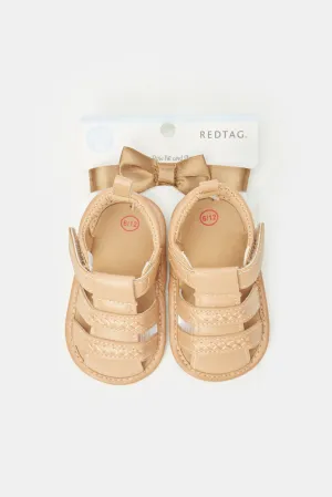 Babies Beige Pram Shoe With Bow Tie Set (2 Piece)