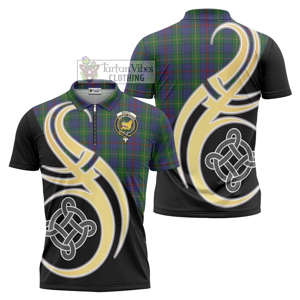 Bailey Tartan Zipper Polo Shirt with Family Crest and Celtic Symbol Style