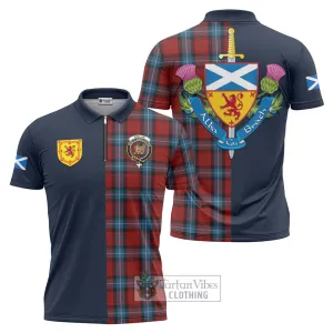 Baillie of Polkemmet Red Tartan Zipper Polo Shirt Alba with Scottish Lion Royal Arm Half Style