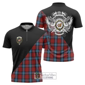 Baillie of Polkemmet Red Tartan Zipper Polo Shirt with Family Crest and Military Logo Style