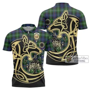 Baillie Tartan Zipper Polo Shirt with Family Crest Celtic Wolf Style