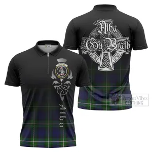 Bannerman Tartan Zipper Polo Shirt Featuring Alba Gu Brath Family Crest Celtic Inspired