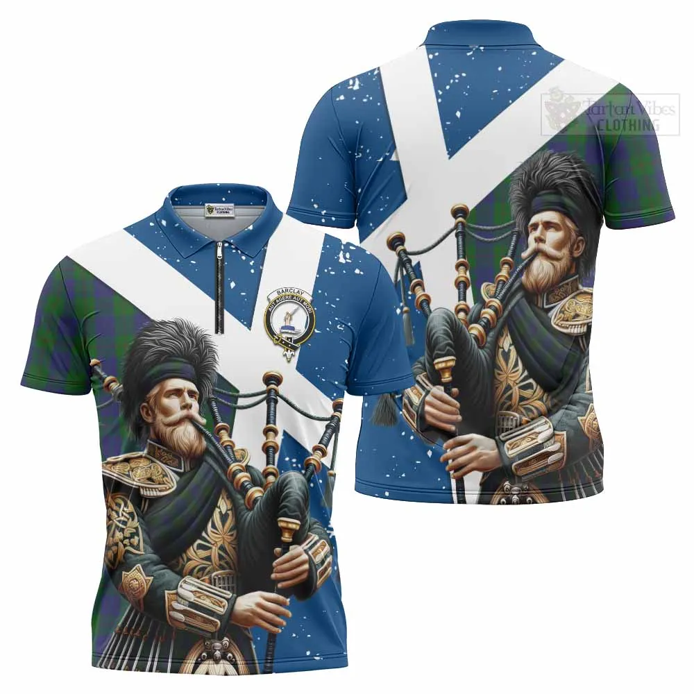 Barclay Tartan Zipper Polo Shirt with Family Crest Scottish Bagpiper Vibes