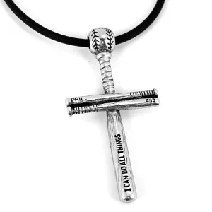 Baseball Bat And Ball Cross Necklace Silver on Black Cord