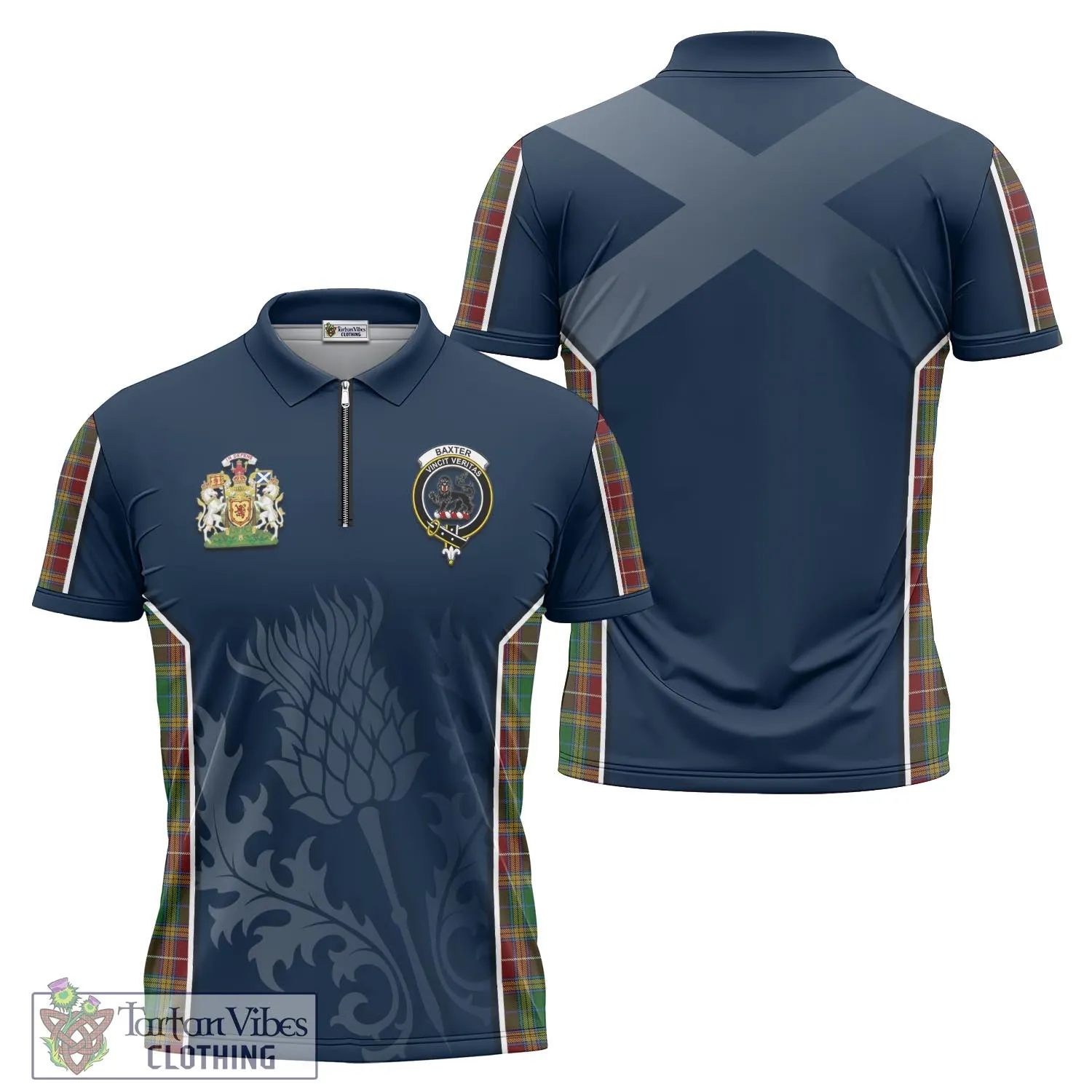 Baxter Tartan Zipper Polo Shirt with Family Crest and Scottish Thistle Vibes Sport Style