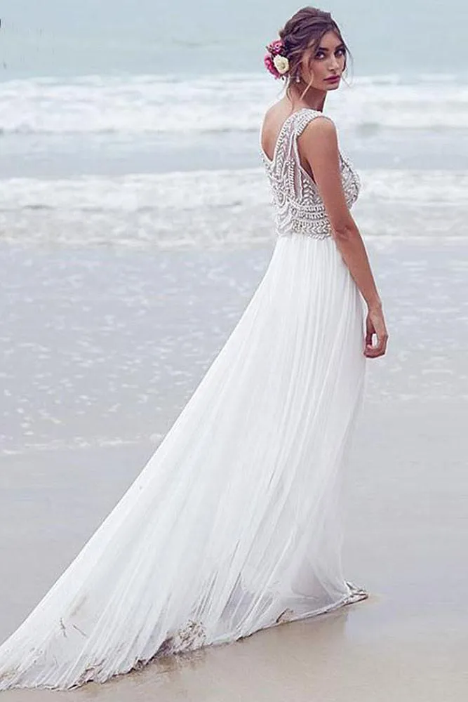 Beach Wedding Dresses A-line V-neck Short Train Sexy Bridal Gown WD526