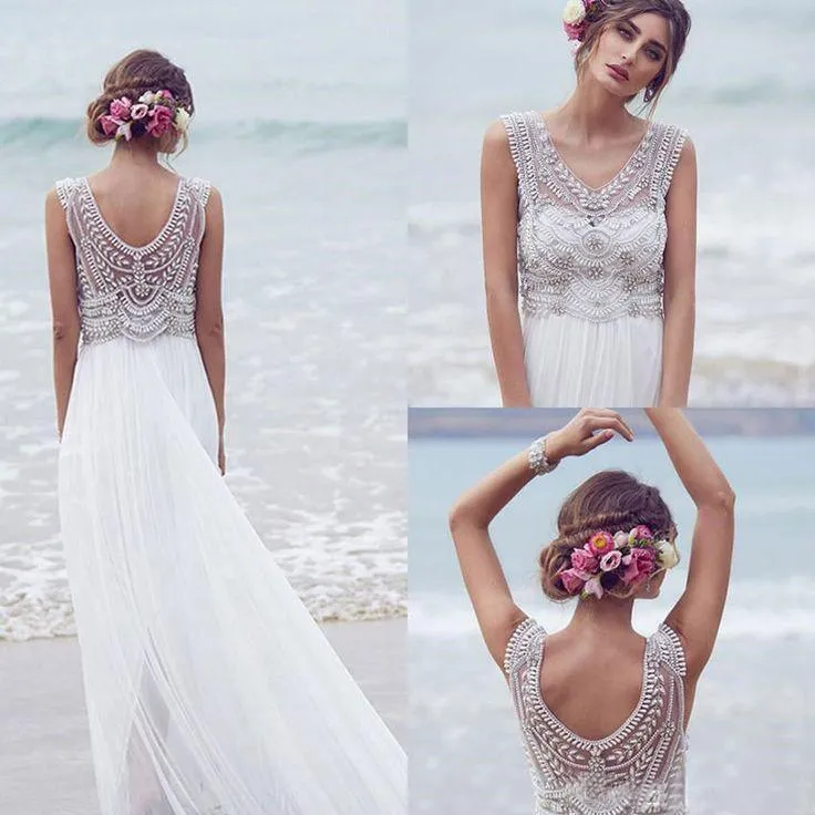 Beach Wedding Dresses A-line V-neck Short Train Sexy Bridal Gown WD526