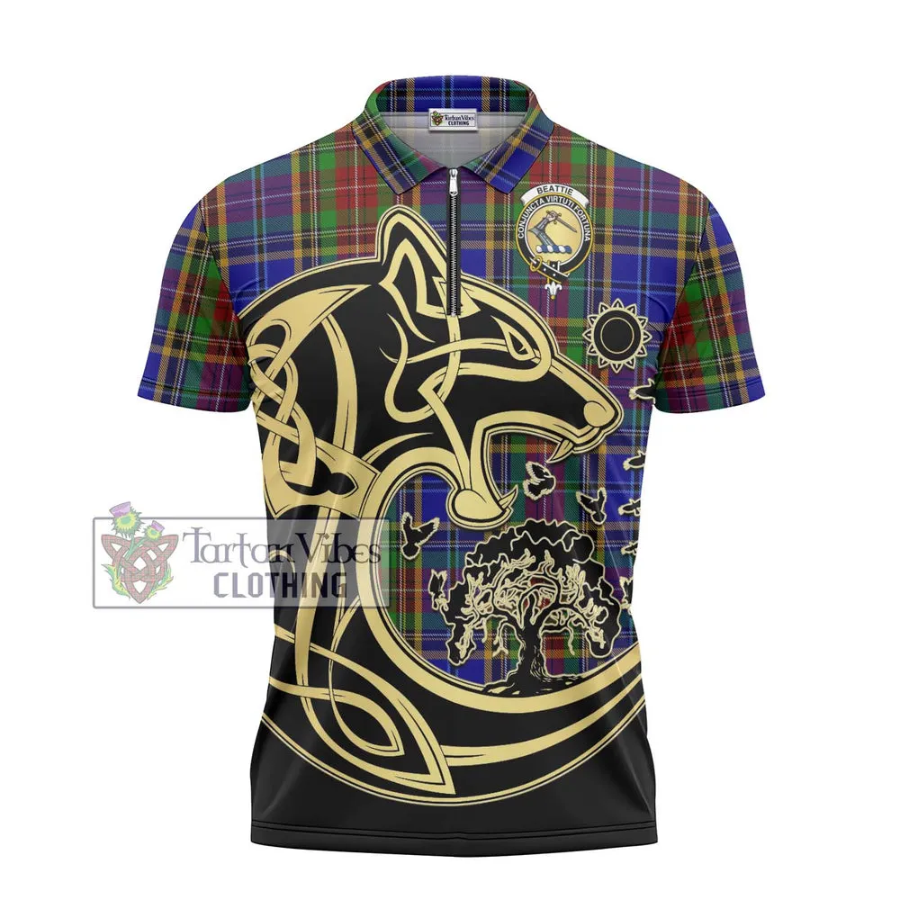 Beattie Tartan Zipper Polo Shirt with Family Crest Celtic Wolf Style