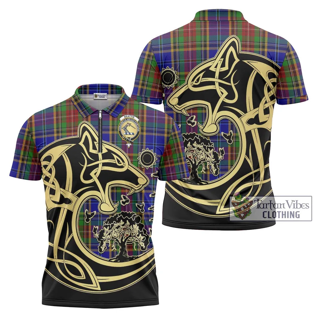 Beattie Tartan Zipper Polo Shirt with Family Crest Celtic Wolf Style