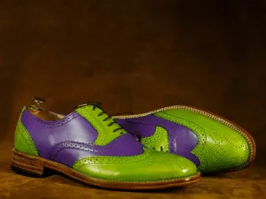 Bespoke Green Purple Wing Tip Lace Up Leather Shoes For Men