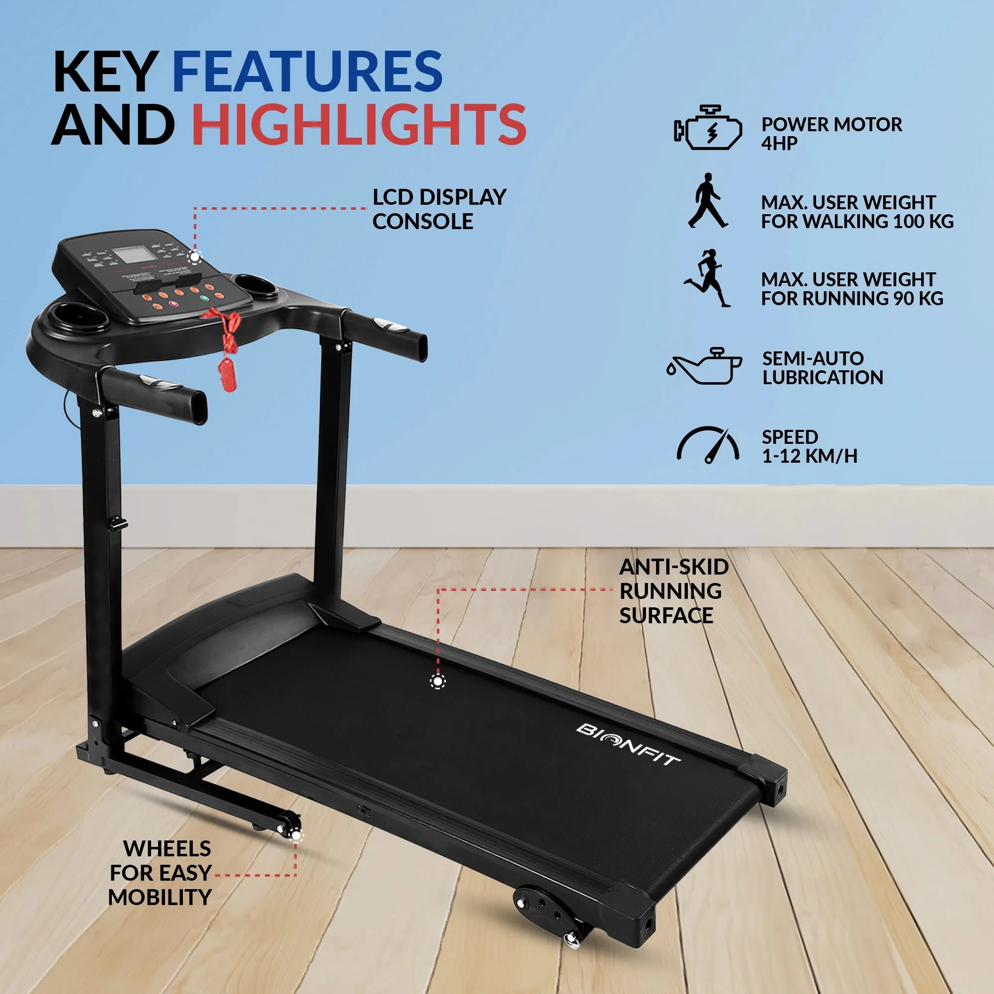 BIONFIT Cardio Flex 4HP Peak, Pulse Sensor, Max Weight 100kg, Foldable, Manual Inclined Treadmill