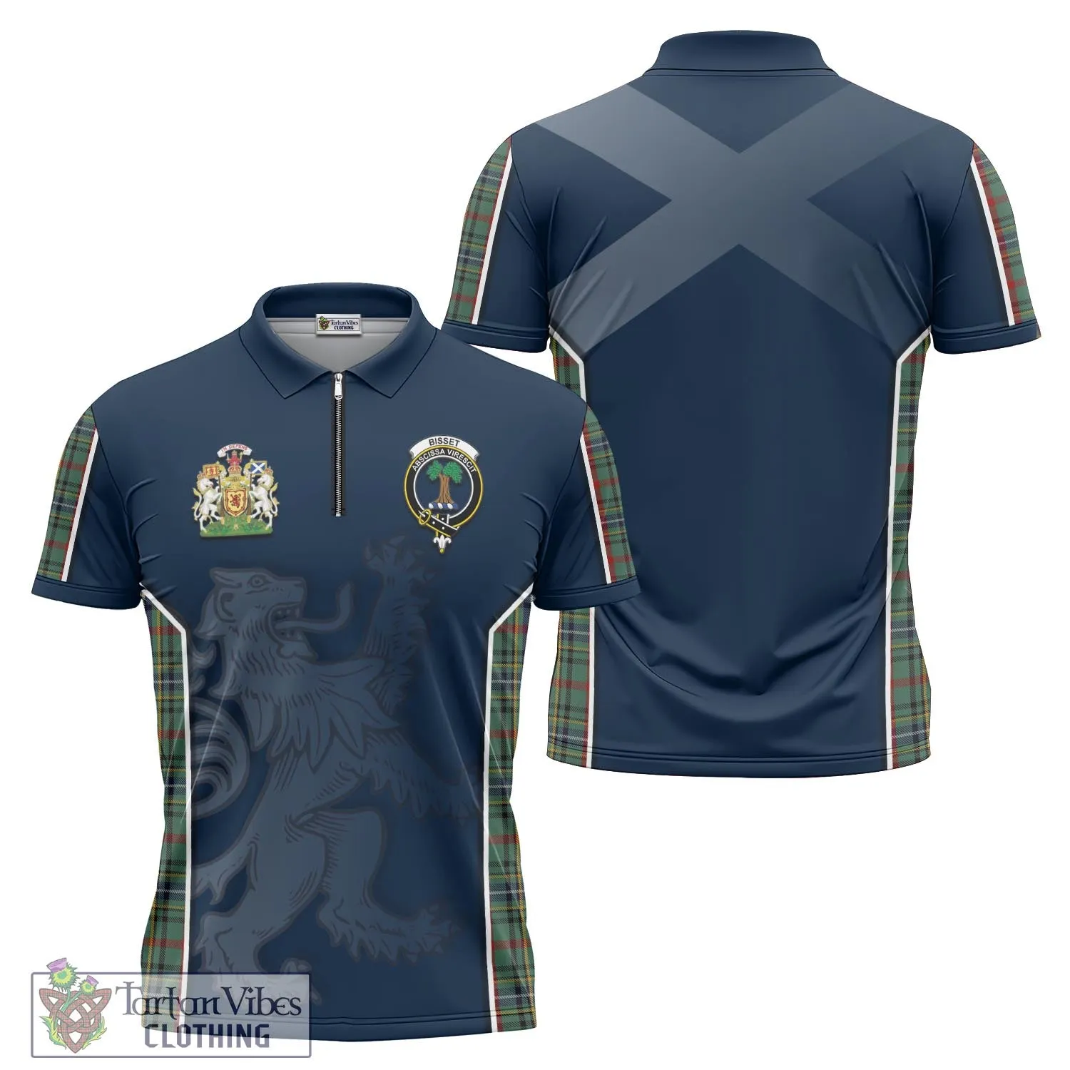 Bisset Tartan Zipper Polo Shirt with Family Crest and Lion Rampant Vibes Sport Style