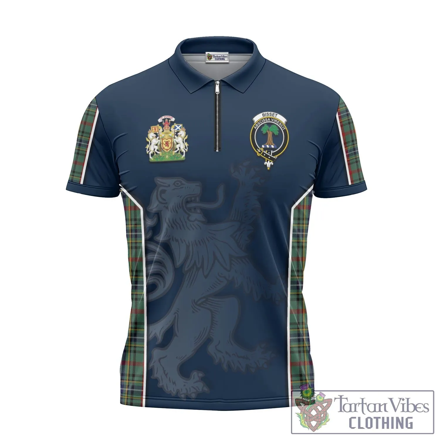 Bisset Tartan Zipper Polo Shirt with Family Crest and Lion Rampant Vibes Sport Style