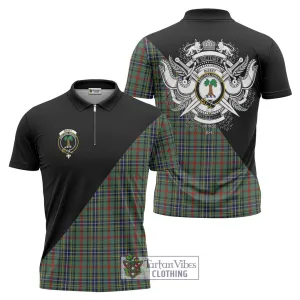 Bisset Tartan Zipper Polo Shirt with Family Crest and Military Logo Style