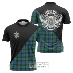 Black Watch Ancient Tartan Zipper Polo Shirt with Family Crest and Military Logo Style