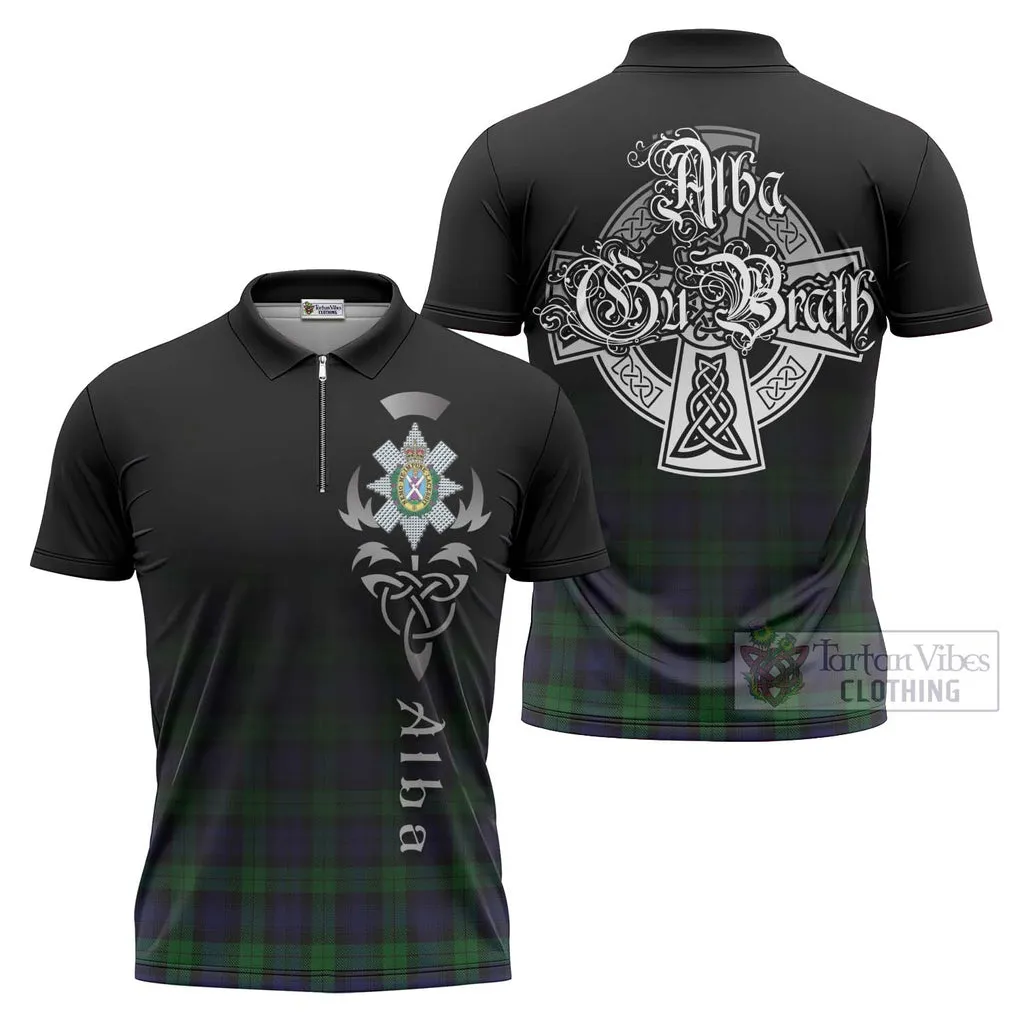 Black Watch Tartan Zipper Polo Shirt Featuring Alba Gu Brath Family Crest Celtic Inspired