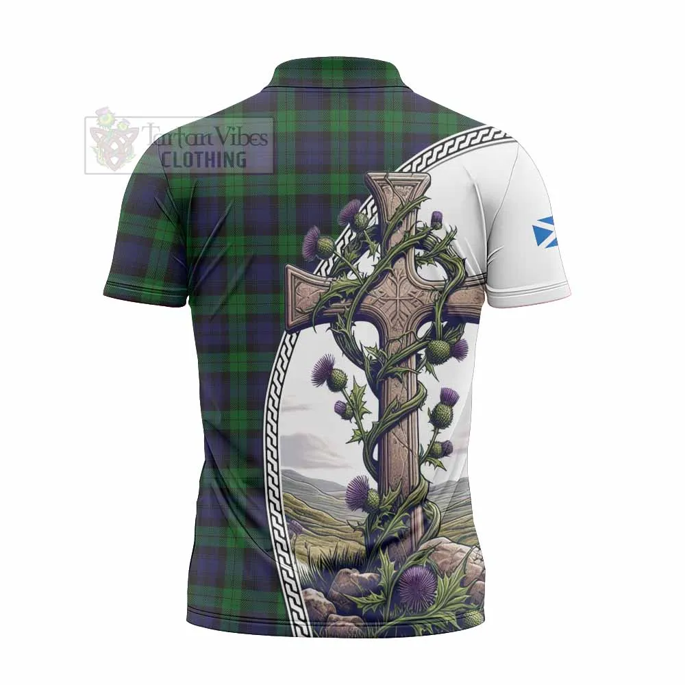 Black Watch Tartan Zipper Polo Shirt with Family Crest and St. Andrew's Cross Accented by Thistle Vines