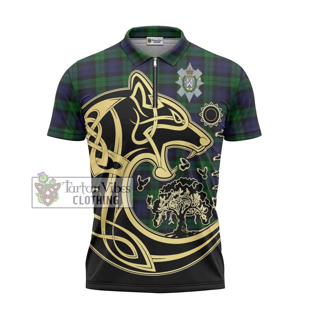 Black Watch Tartan Zipper Polo Shirt with Family Crest Celtic Wolf Style