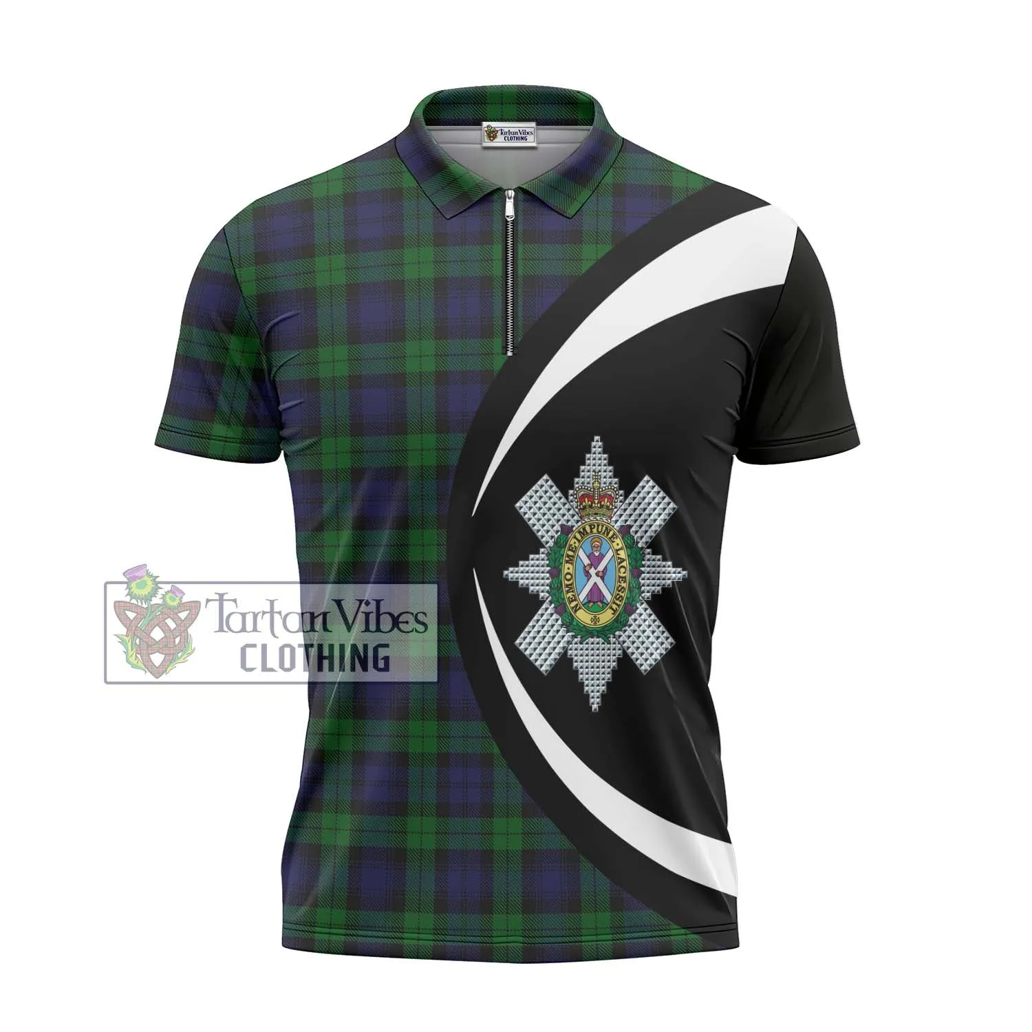 Black Watch Tartan Zipper Polo Shirt with Family Crest Circle Style