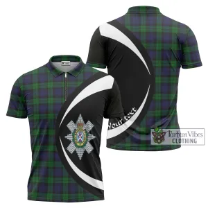 Black Watch Tartan Zipper Polo Shirt with Family Crest Circle Style