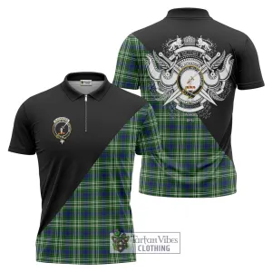 Blackadder Tartan Zipper Polo Shirt with Family Crest and Military Logo Style