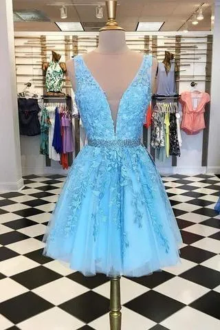 Blue Appliques Beaded Sleeveless A Line Tulle Short Homecoming Dresses  PD255