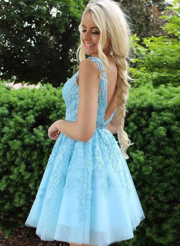 Blue Appliques Beaded Sleeveless A Line Tulle Short Homecoming Dresses  PD255