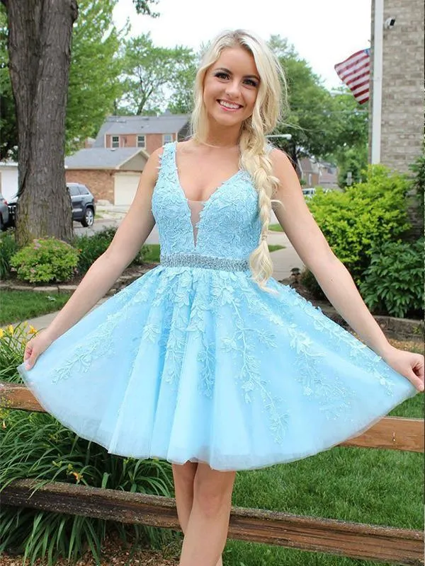 Blue Appliques Beaded Sleeveless A Line Tulle Short Homecoming Dresses  PD255