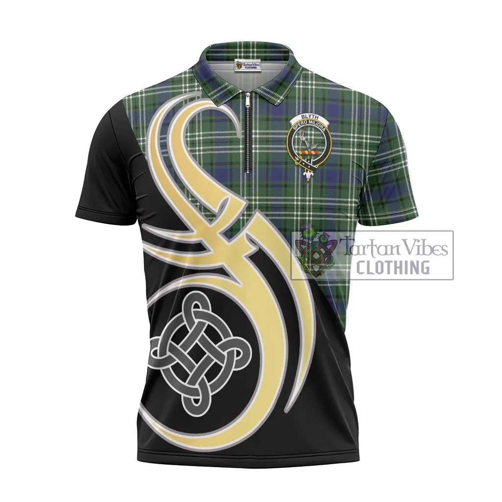 Blyth Tartan Zipper Polo Shirt with Family Crest and Celtic Symbol Style