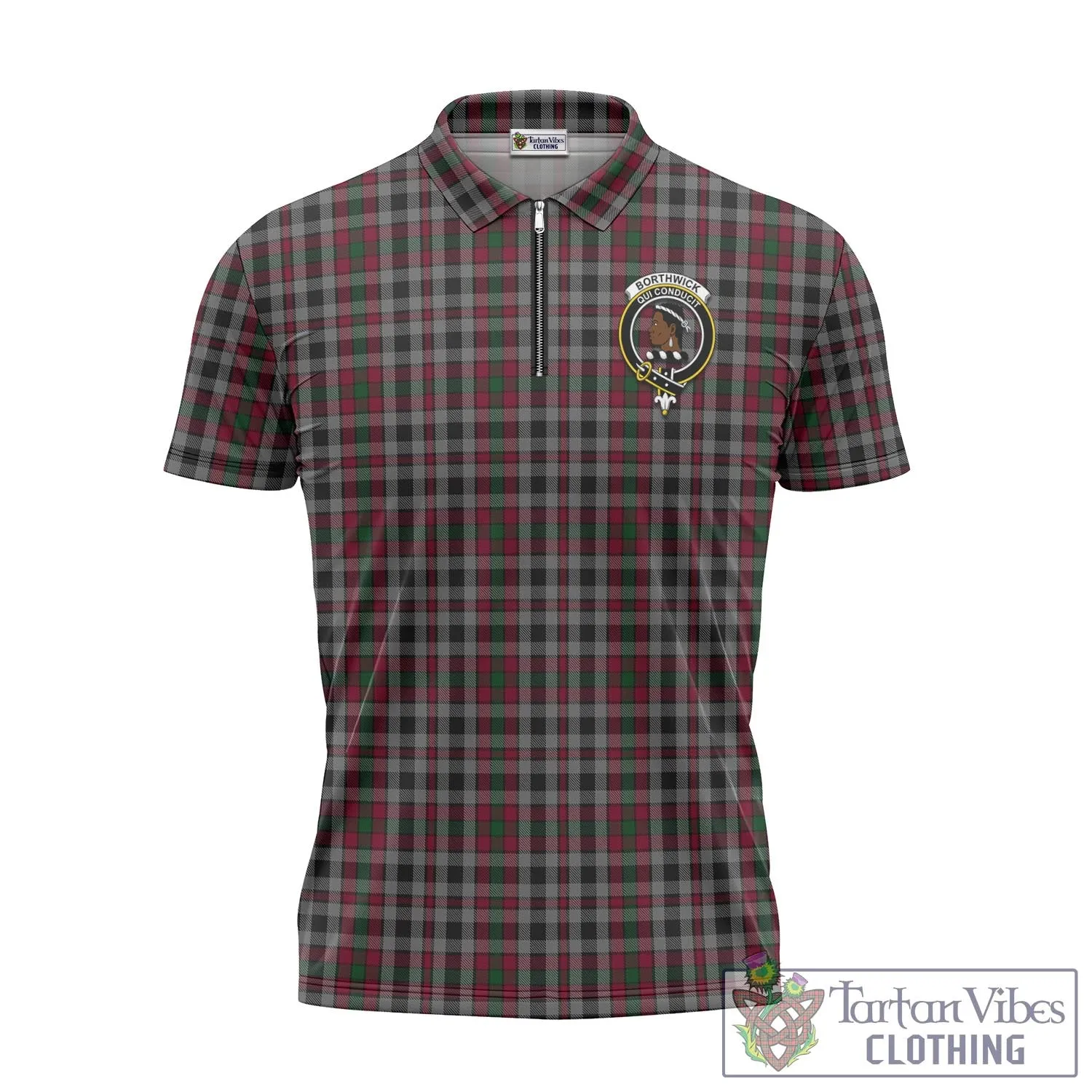 Borthwick Tartan Zipper Polo Shirt with Family Crest