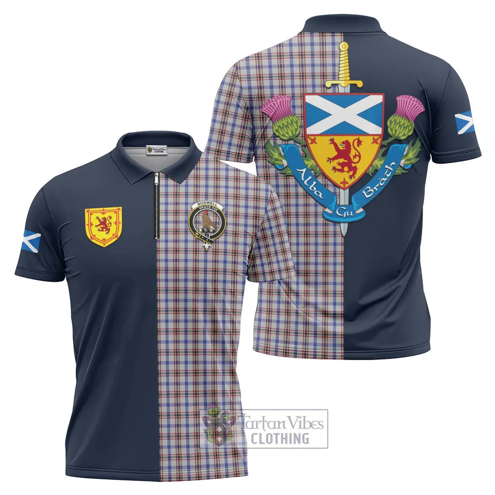 Boswell Tartan Zipper Polo Shirt Alba with Scottish Lion Royal Arm Half Style