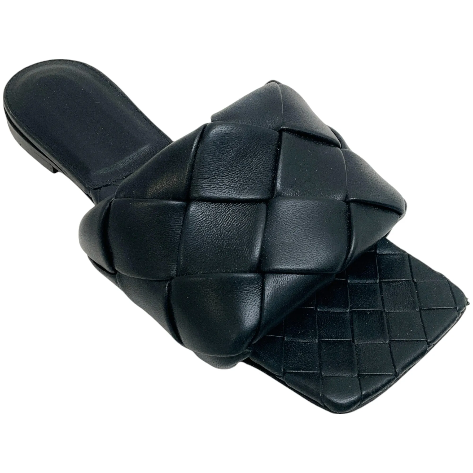 Bottega Veneta Black Leather Intreccio Lido Slide Sandals