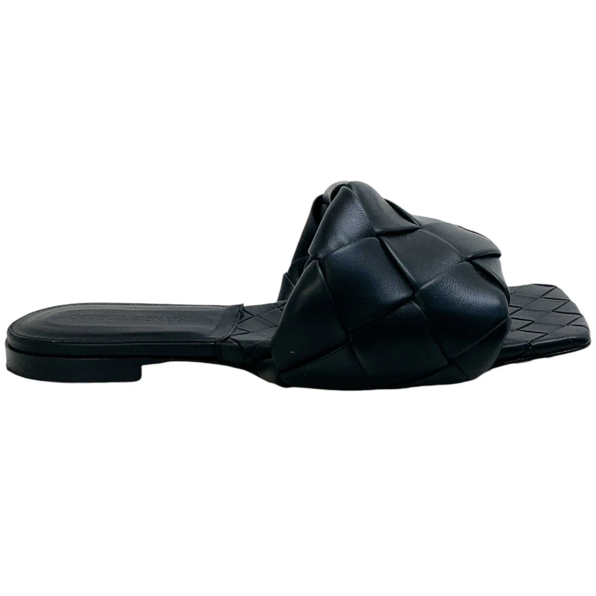 Bottega Veneta Black Leather Intreccio Lido Slide Sandals