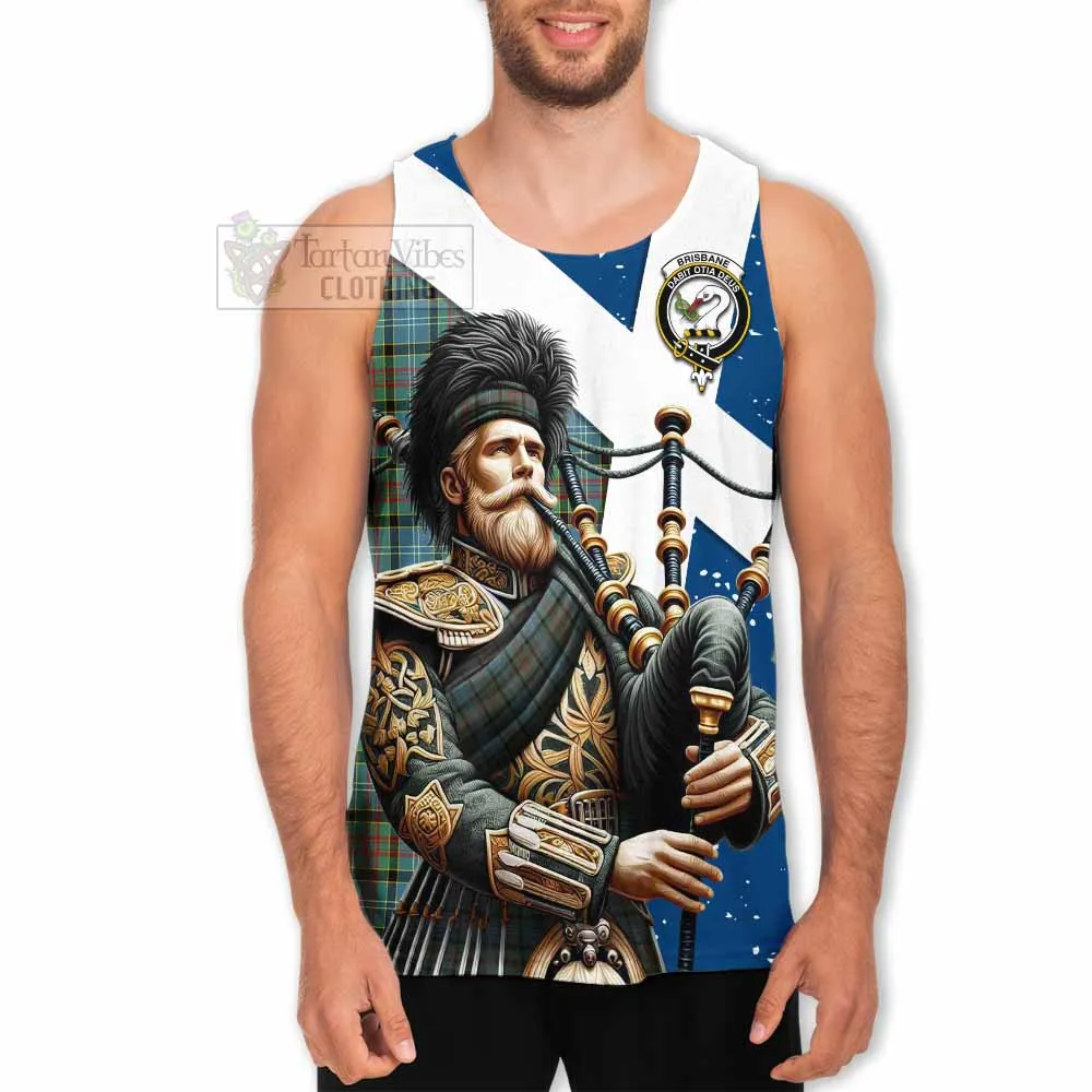 Brisbane Tartan Men's Tank Top with Family Crest Scottish Bagpiper Vibes