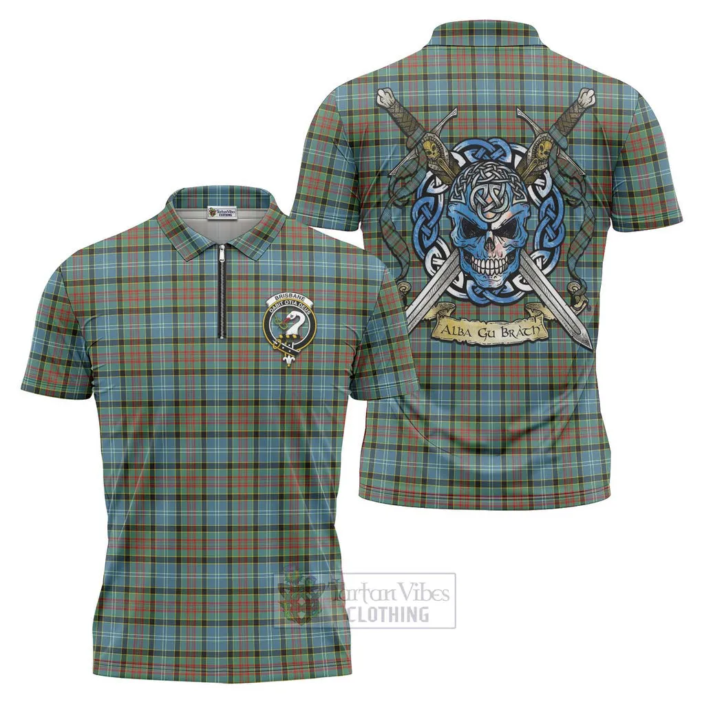 Brisbane Tartan Zipper Polo Shirt with Family Crest Celtic Skull Style