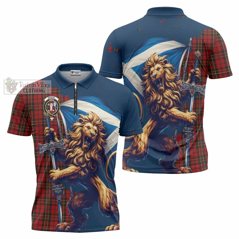 Brodie Tartan Family Crest Zipper Polo Shirt with Scottish Majestic Lion