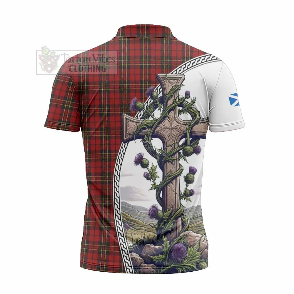 Brodie Tartan Zipper Polo Shirt with Family Crest and St. Andrew's Cross Accented by Thistle Vines