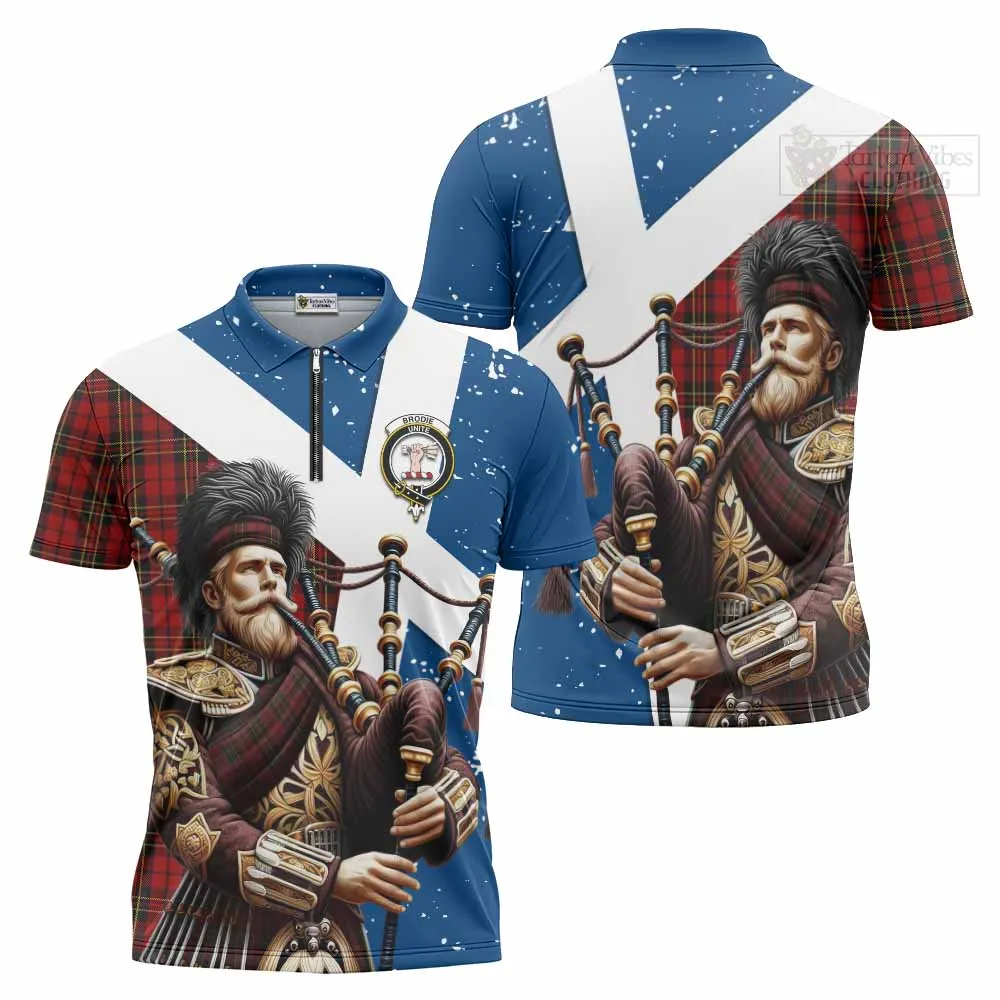 Brodie Tartan Zipper Polo Shirt with Family Crest Scottish Bagpiper Vibes