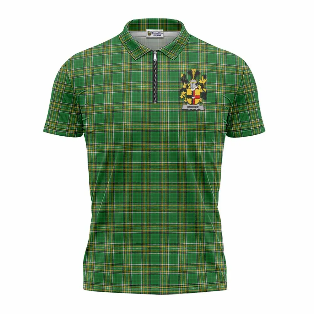 Brooke Irish Clan Tartan Zipper Polo Shirt with Coat of Arms